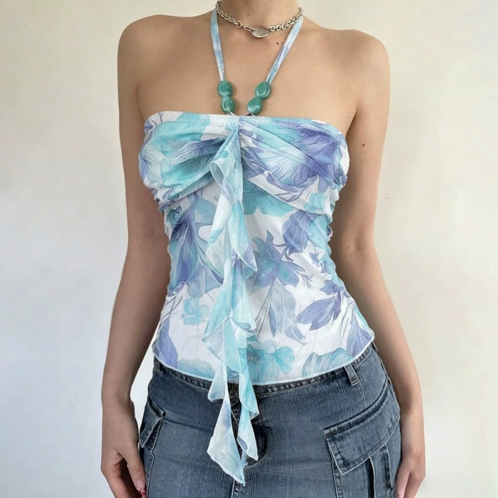 Zara Summer Beach Floral Print Beaded Backless Halter Mesh Slim Ribbon Top